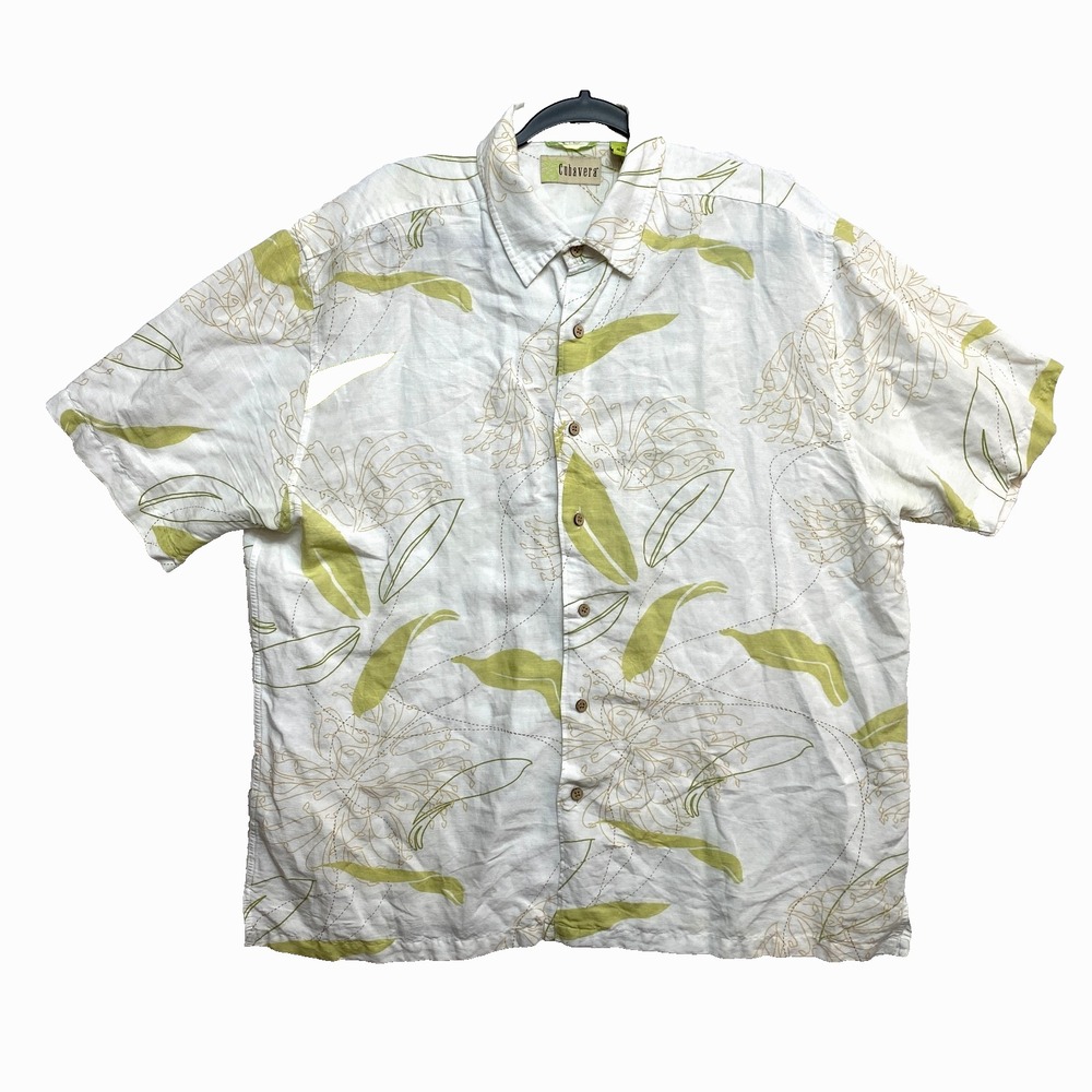 Cubavera Shirt Mens XL White Short Sleeve Linen Blend Button Up Floral